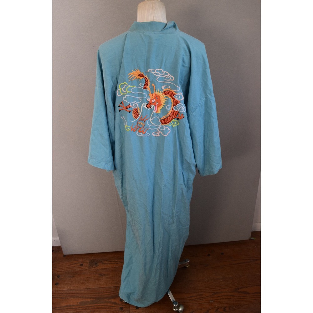 Pearls Silk Robe OS Blue Hand Embroidered Dragon Kimono Vintage Women Loungewear